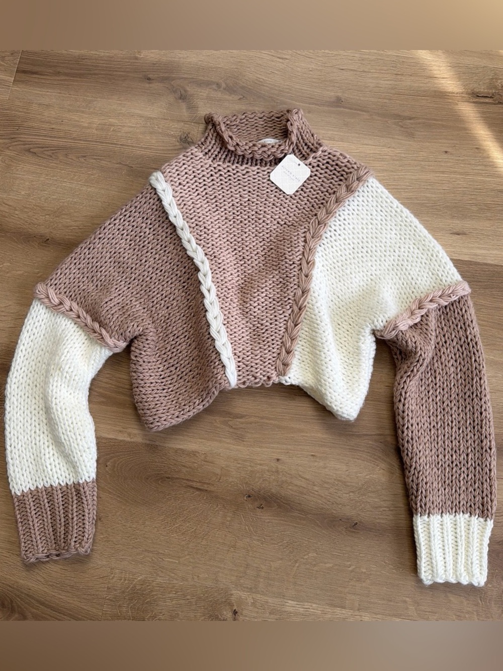 Altar’d State Colorblock Crop Knit Sweater - Blush & Cream